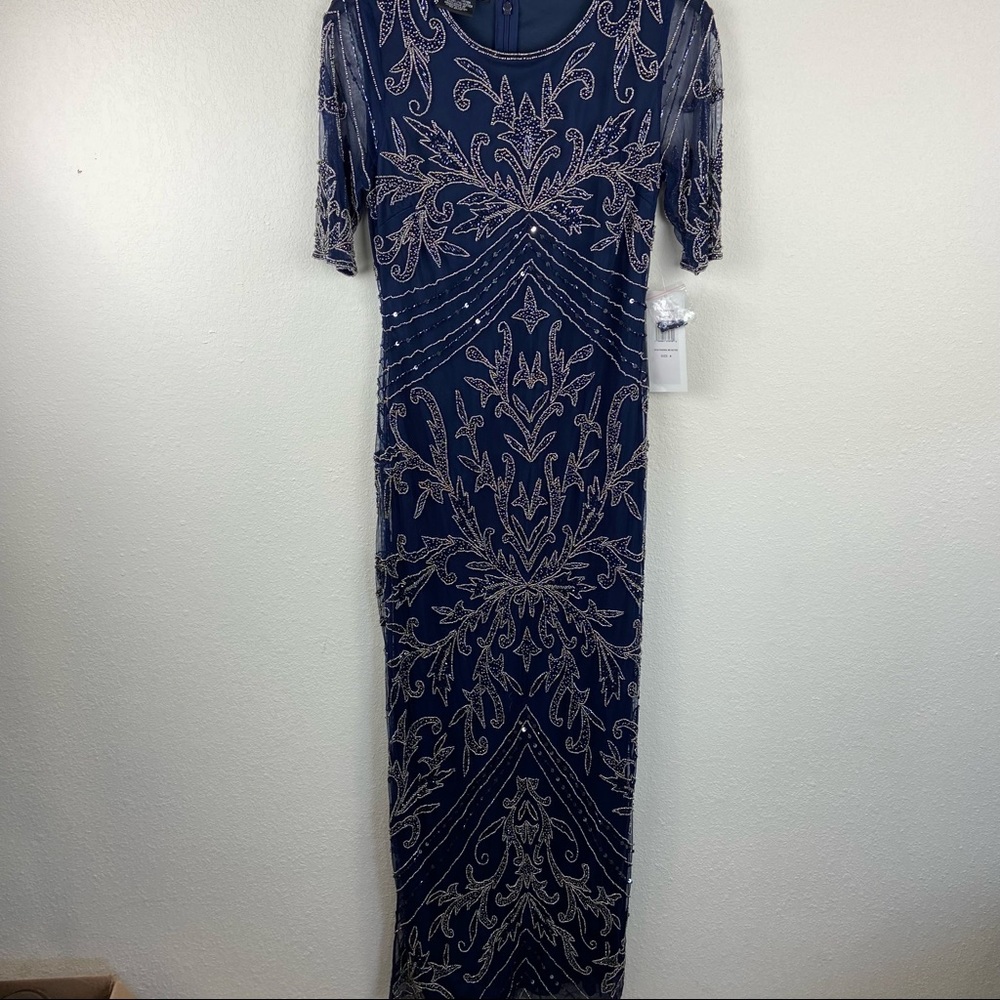 Pisarro Nights Beaded Mesh Column Gown SZ 4 Navy D2451 3/4‎ sleeve
